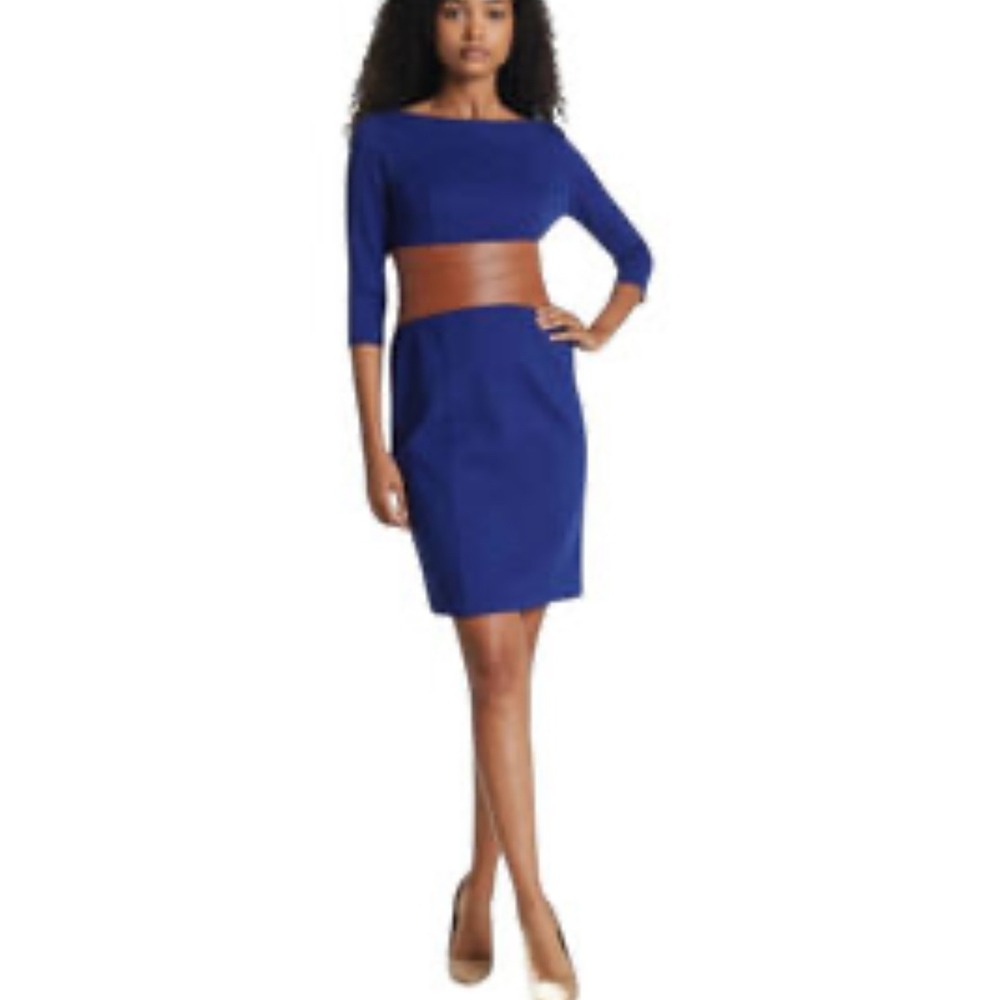 Shani Cobalt Blue Sheath‎ Dress Faux Leather Waist 3/4 Sleeve Small